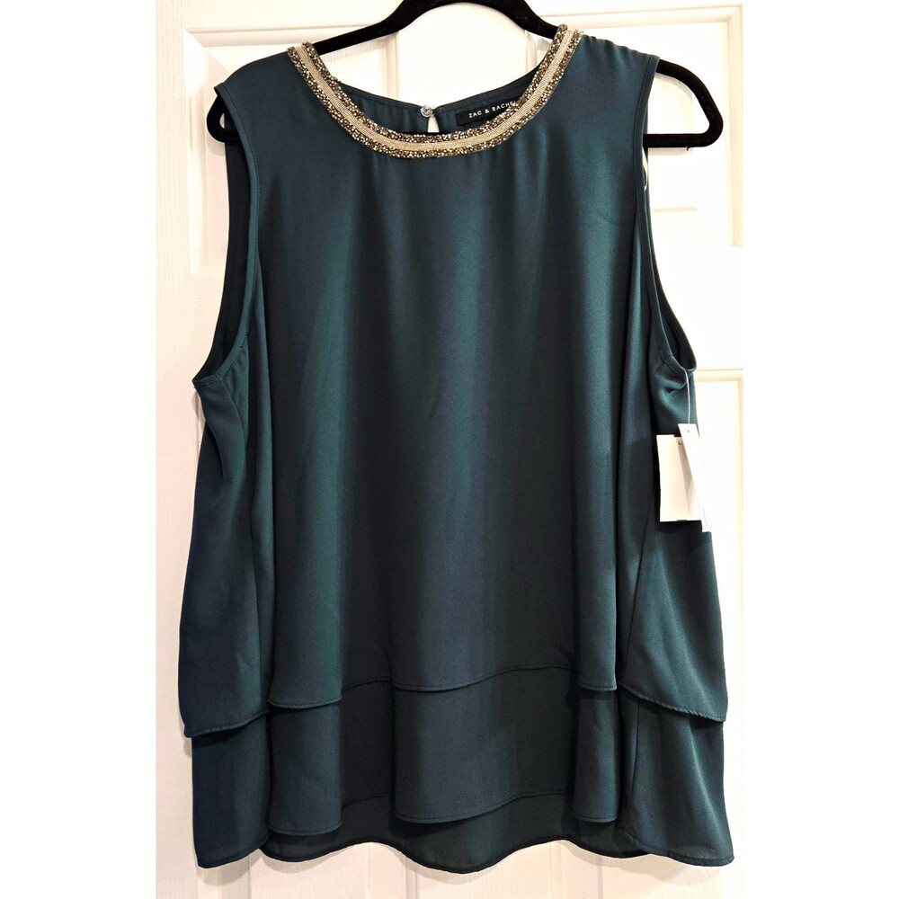 Zac & Rachel XL Blouse NWT Green Gable Dbl Layer Embellished Neck Tank Top Party